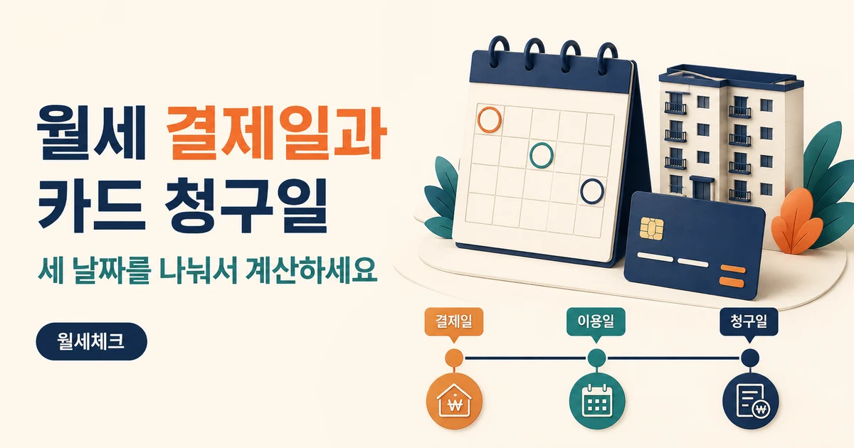월세 카드결제일과 카드 청구일을 구분한 달력과 카드 일러스트