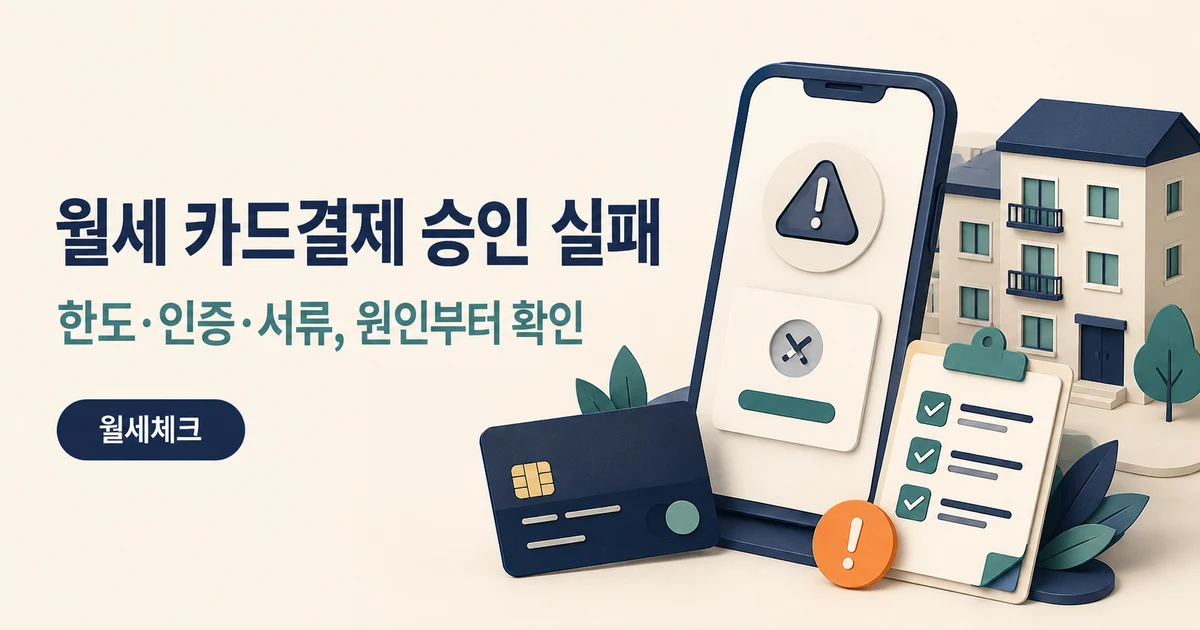 월세 카드결제 승인 실패 원인을 확인하는 스마트폰과 서류 일러스트