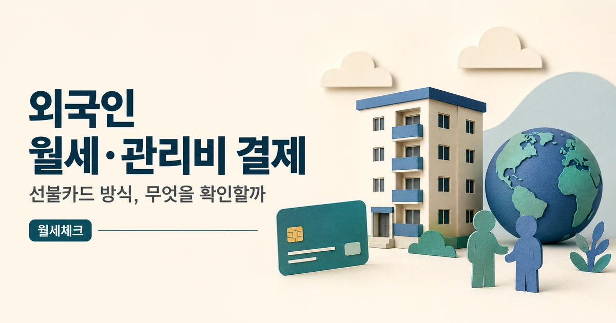 외국인 월세 카드결제를 설명하는 선불카드·주택·지구본 일러스트