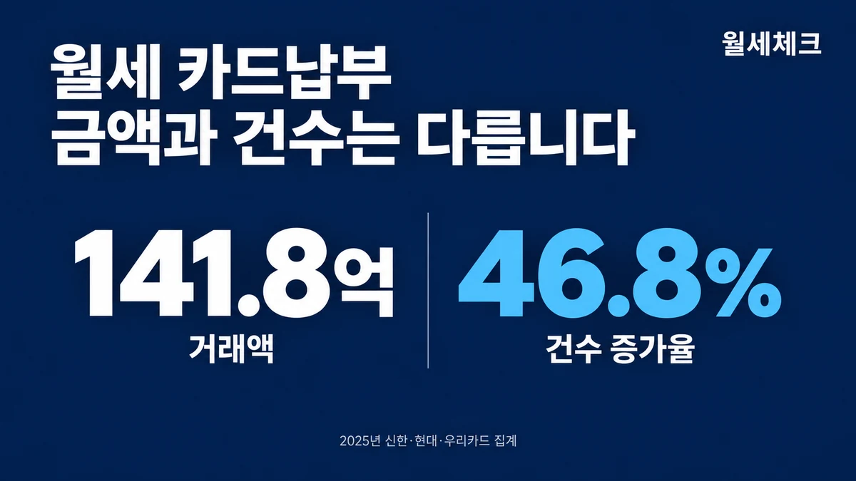 2025년 3개 카드사 월세 거래액 141.8억 원과 건수 증가율 46.8% 비교