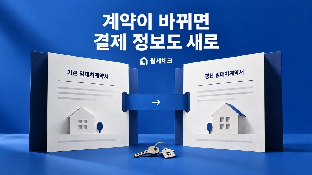 기존 계약서와 갱신 계약서를 연결해 월세 금액과 결제정보 변경을 보여주는 그림